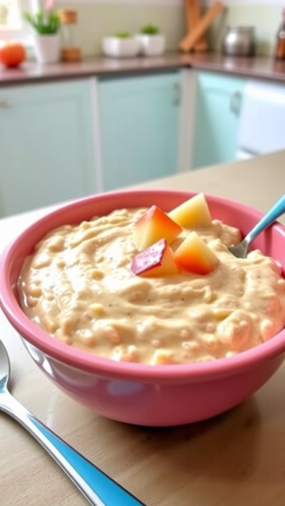 A bowl of nutritious overnight oats for babies with banana and applesauce, ready to serve.